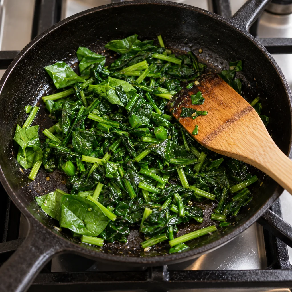 Chopped spinach wilting in a lightly oiled skillet before the egg is cooked