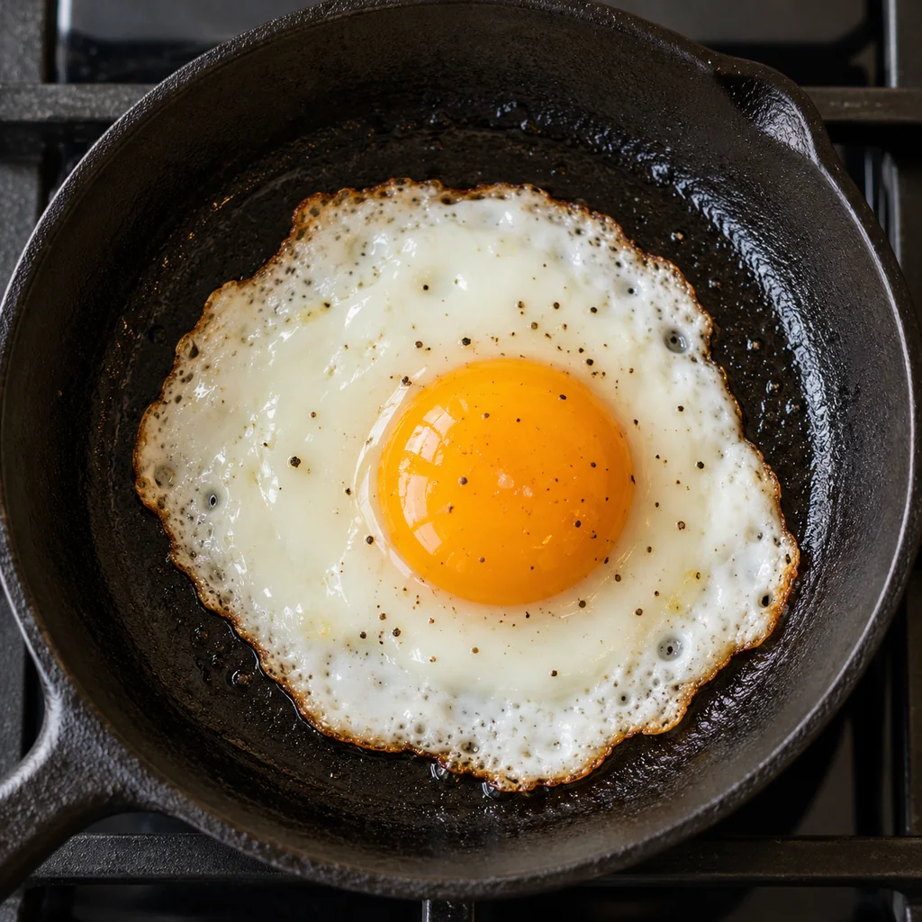 One egg frying in a skillet with an intact yolk and setting white