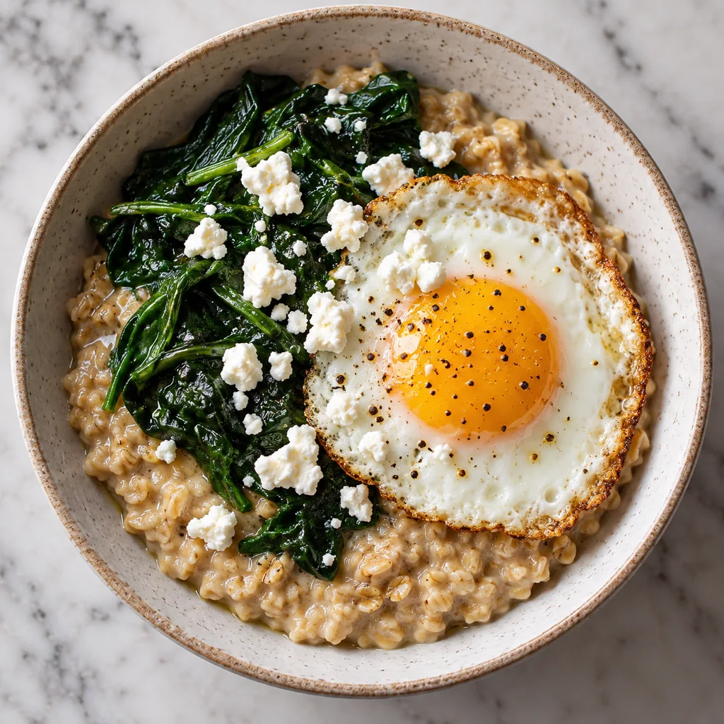 Cooked savory oats topped with wilted spinach, a fried egg and crumbled feta
