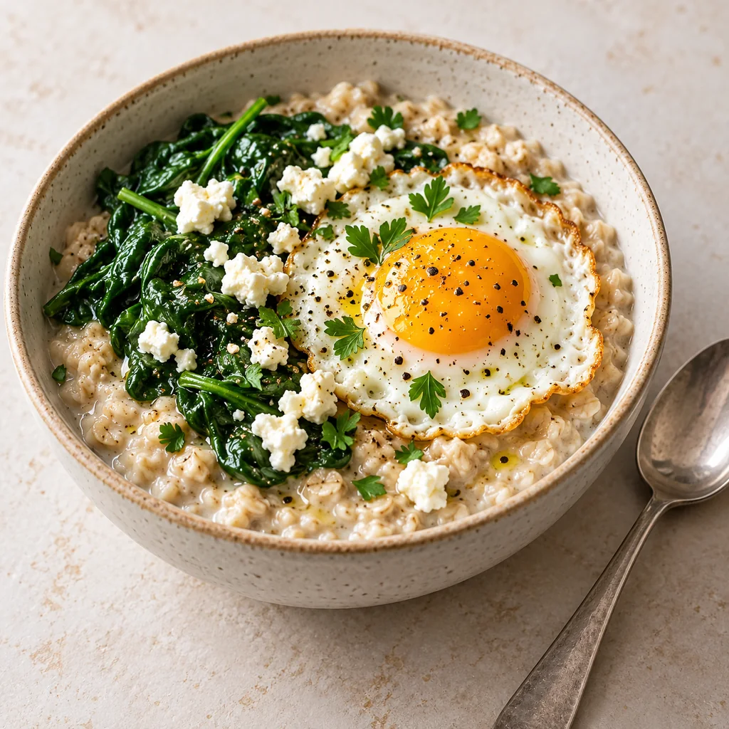 Finished savory oatmeal bowl with spinach, fried egg, feta, parsley and black pepper