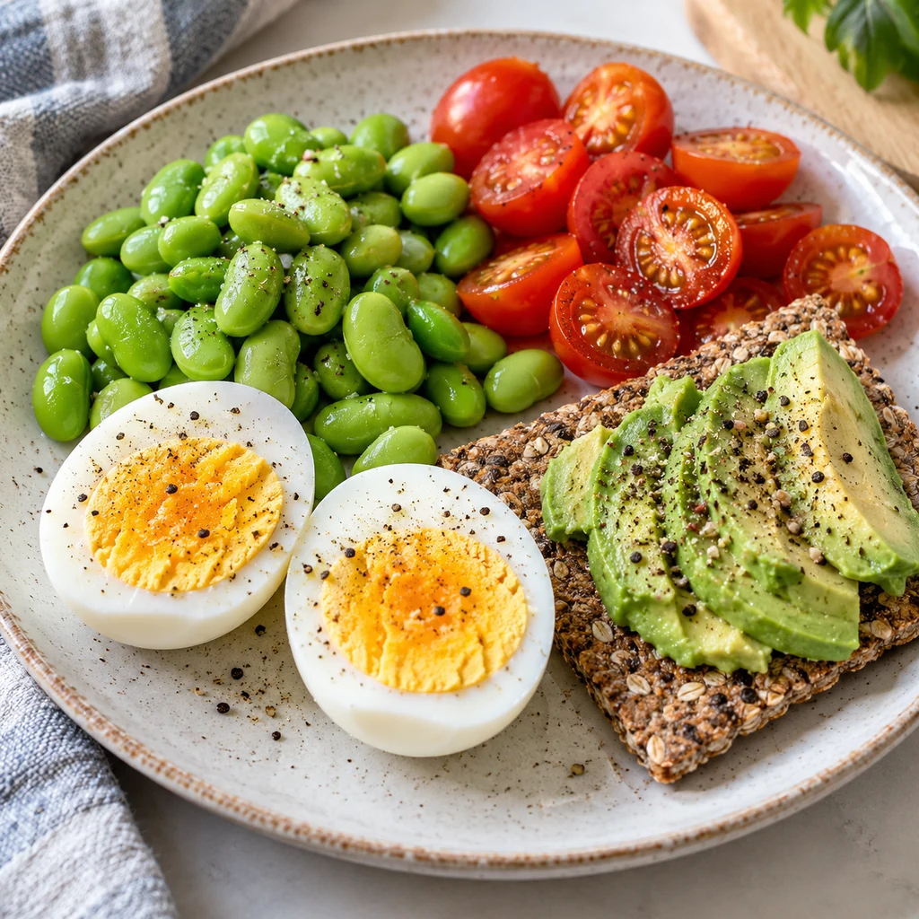 Savory snack plate with boiled egg, edamame, tomatoes, and avocado crispbread
