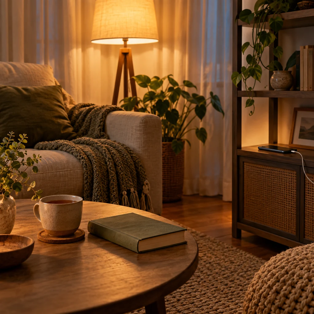 Warm evening room with a phone charging away from the sofa beside a book and tea