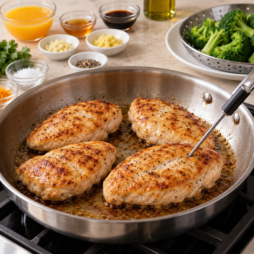Four chicken breasts browning in a stainless skillet as a thermometer probes the thickest part