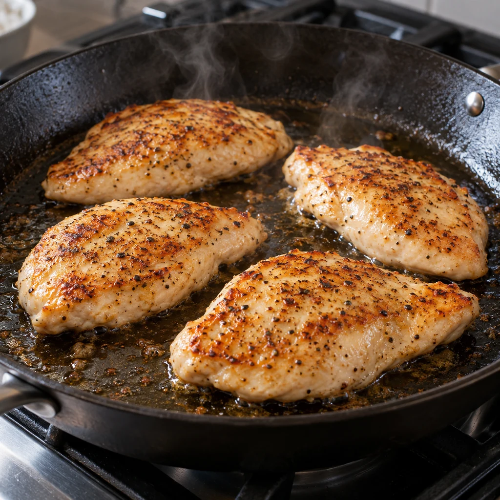 Seasoned chicken breast cutlets searing in a dark skillet