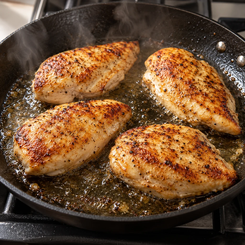 Seasoned chicken breasts searing until golden in a large skillet