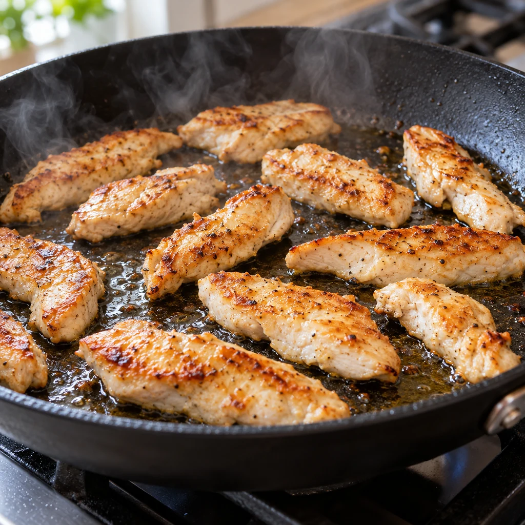 Seasoned chicken strips searing in one layer in a black skillet