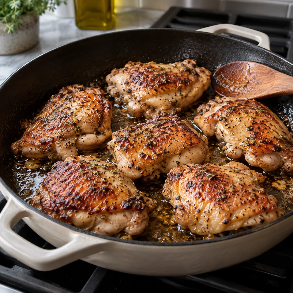 Chicken thighs searing until golden in a large oven-safe skillet