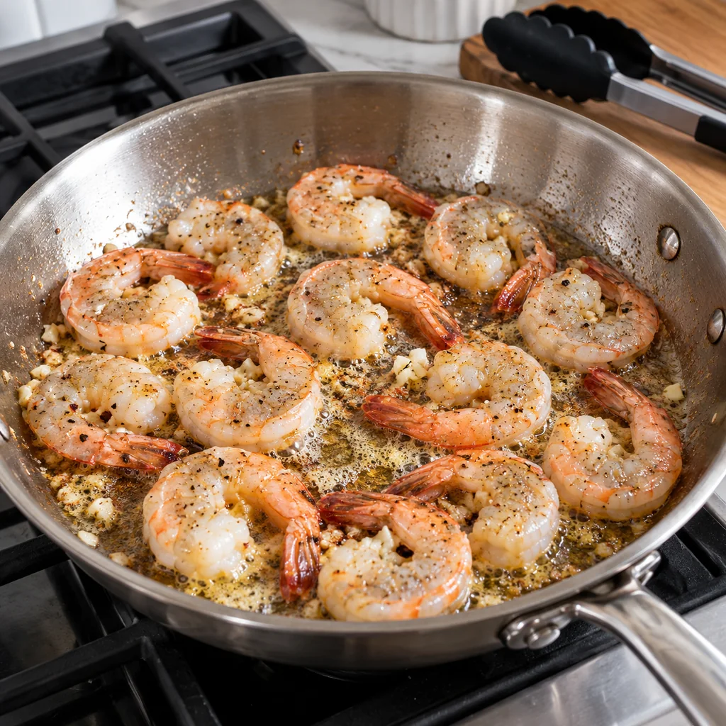 Large shrimp searing in one layer in a garlic butter skillet