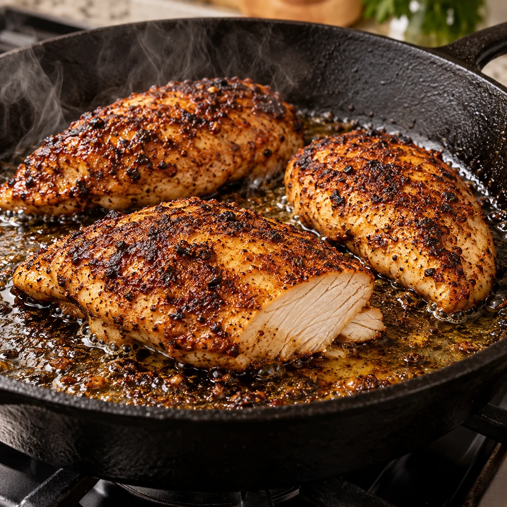 Chili-spiced chicken breasts searing in a cast-iron skillet with a browned crust