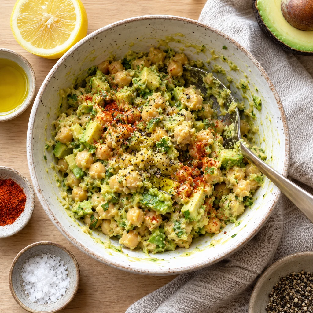 Chunky avocado chickpea filling seasoned with lemon, paprika, salt and pepper