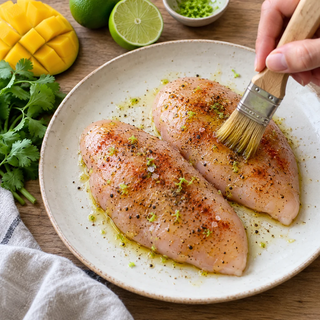 Chicken breasts brushed with olive oil and seasoned with lime zest and spices