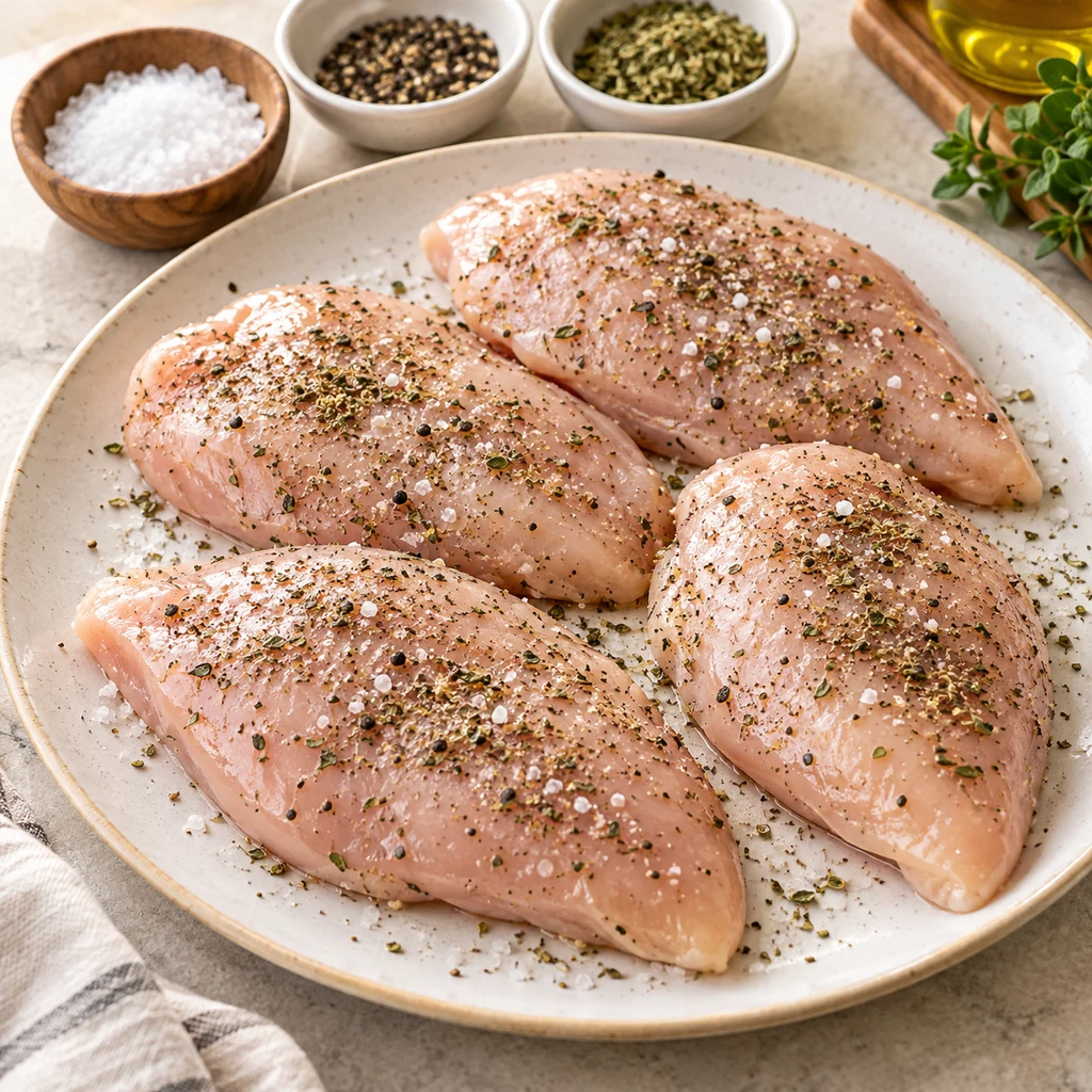 Raw chicken breasts evenly seasoned with salt, pepper, oregano and paprika
