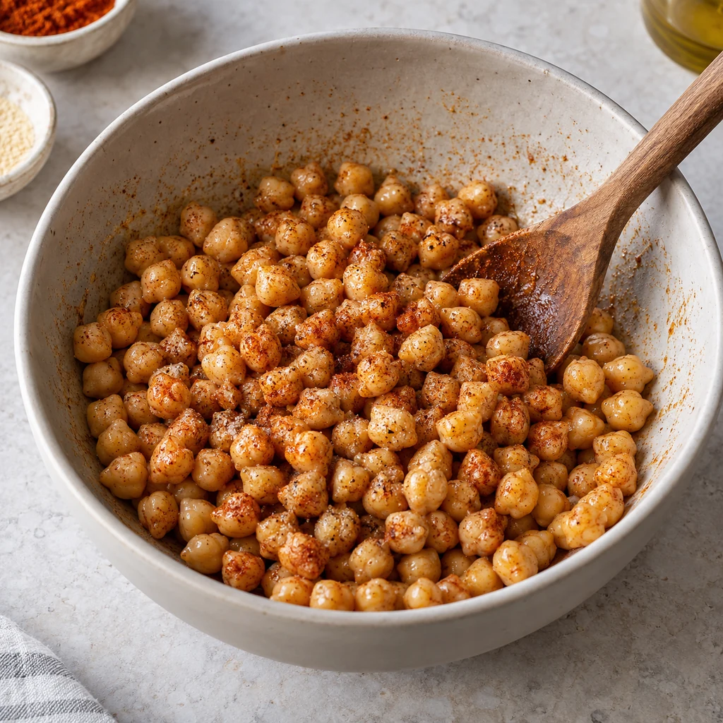 Dried chickpeas tossed with olive oil and smoky spices in a bowl