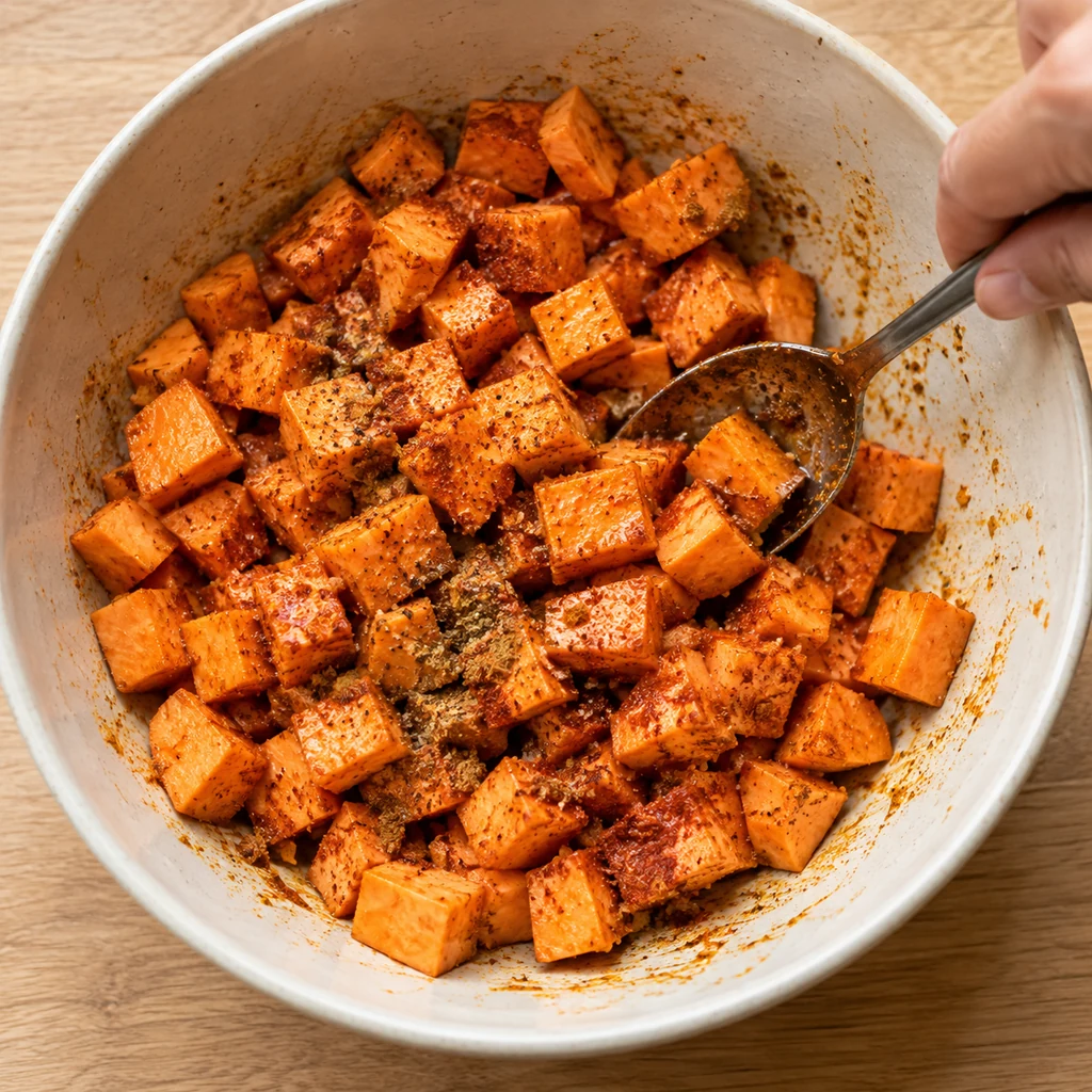 Small diced sweet potatoes tossed with olive oil, cumin and chili powder