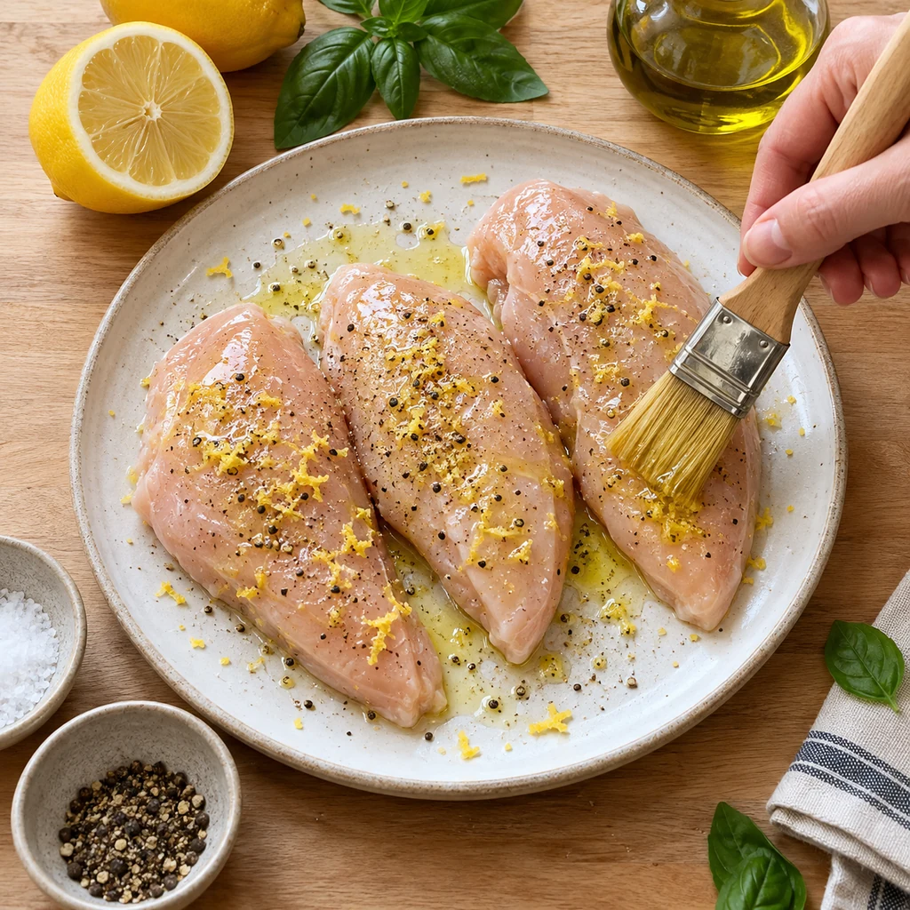 Chicken breasts brushed with olive oil and seasoned with lemon zest, salt and pepper