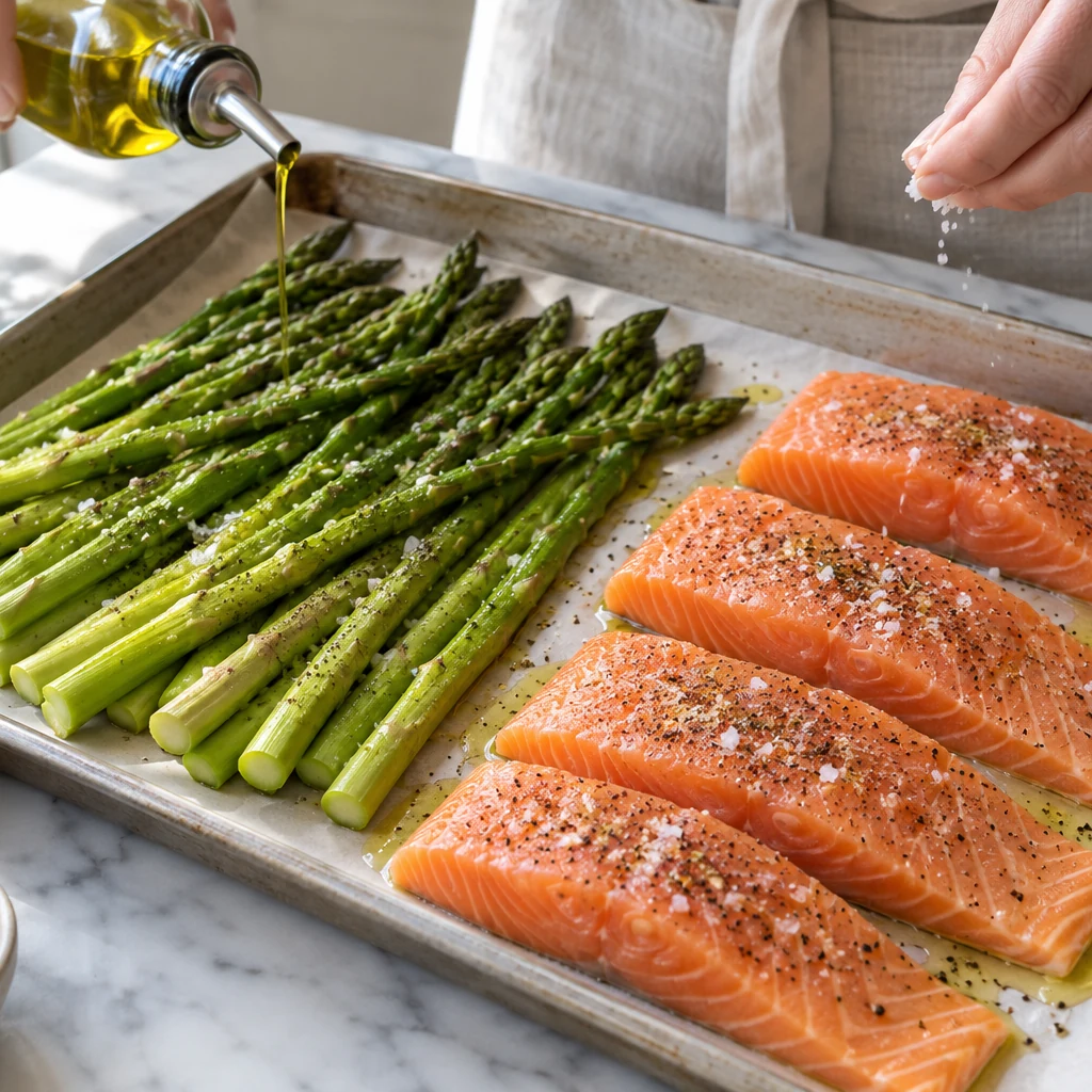 Raw salmon fillets and asparagus being seasoned on a parchment-lined sheet pan