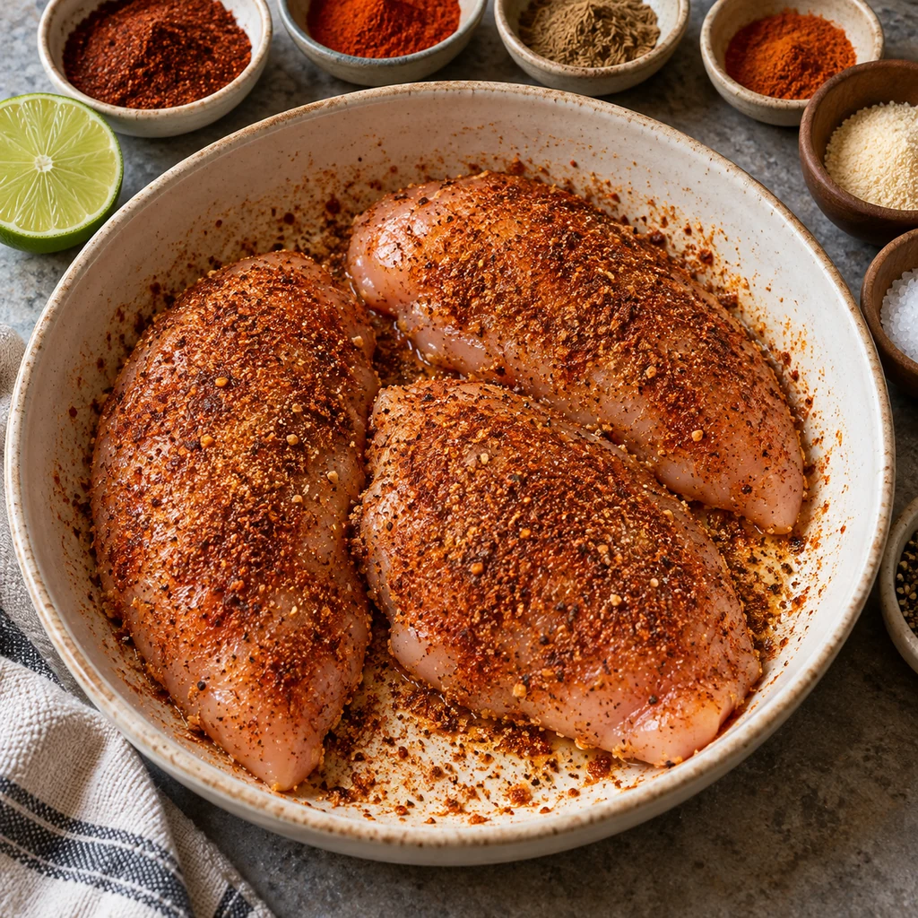 Raw chicken breasts evenly coated with chili powder, paprika, cumin and garlic seasoning