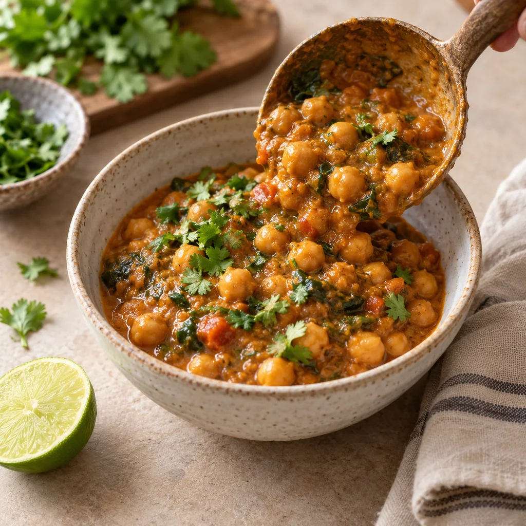 Thick vegan chickpea curry being served and garnished with cilantro