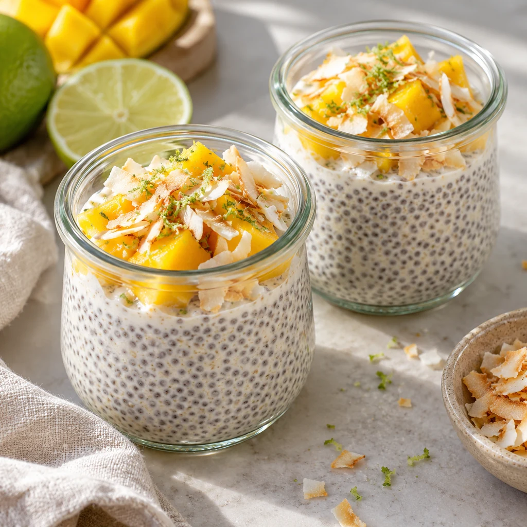 Two jars of coconut lime chia pudding topped with mango, toasted coconut and lime zest
