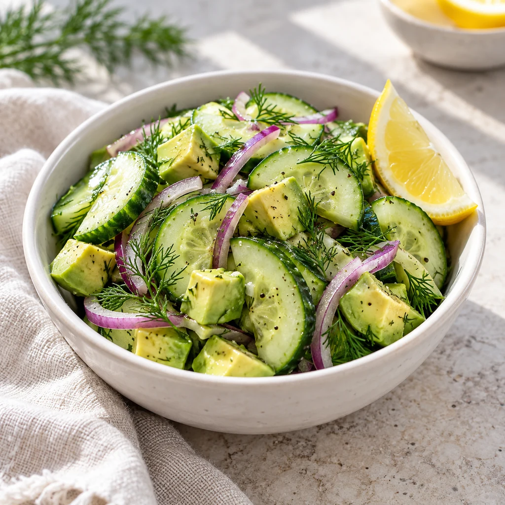 Finished cucumber avocado salad served with dill and a lemon wedge