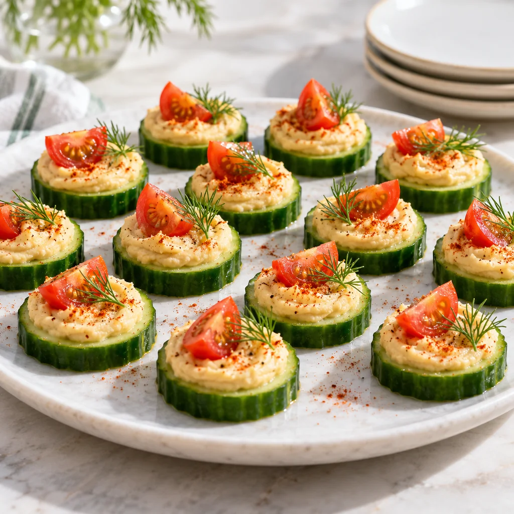 Finished cucumber hummus bites arranged on a white serving platter