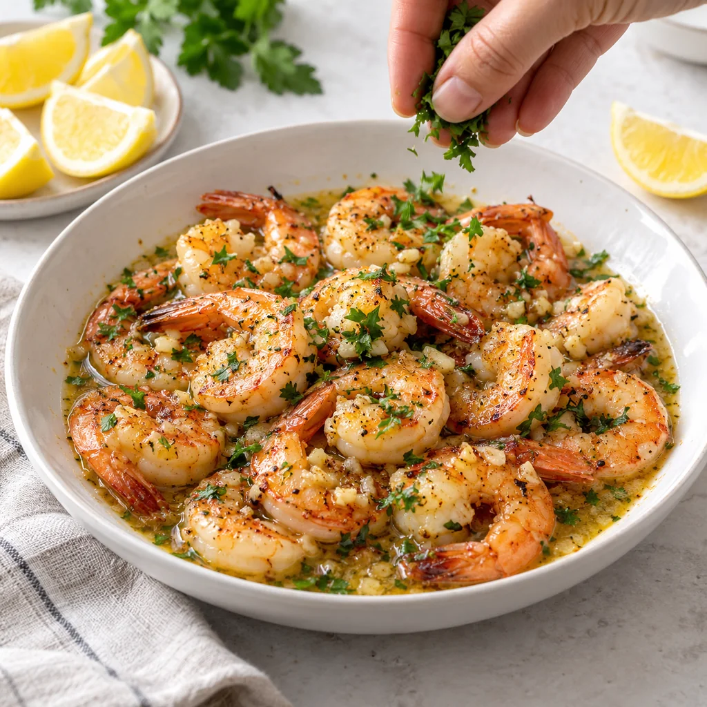 Finished garlic butter shrimp being sprinkled with fresh parsley