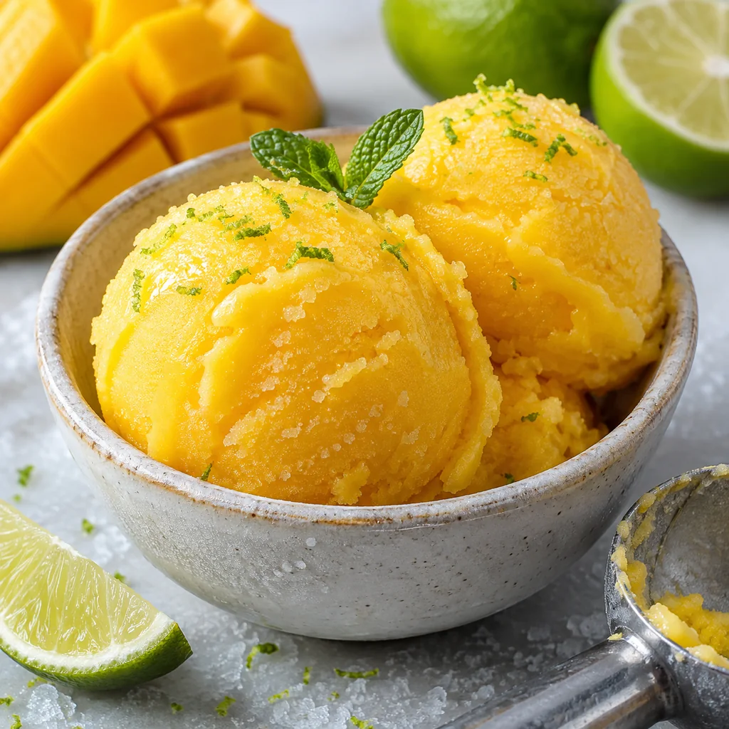 Two scoops of golden mango lime sorbet with lime zest in a chilled bowl