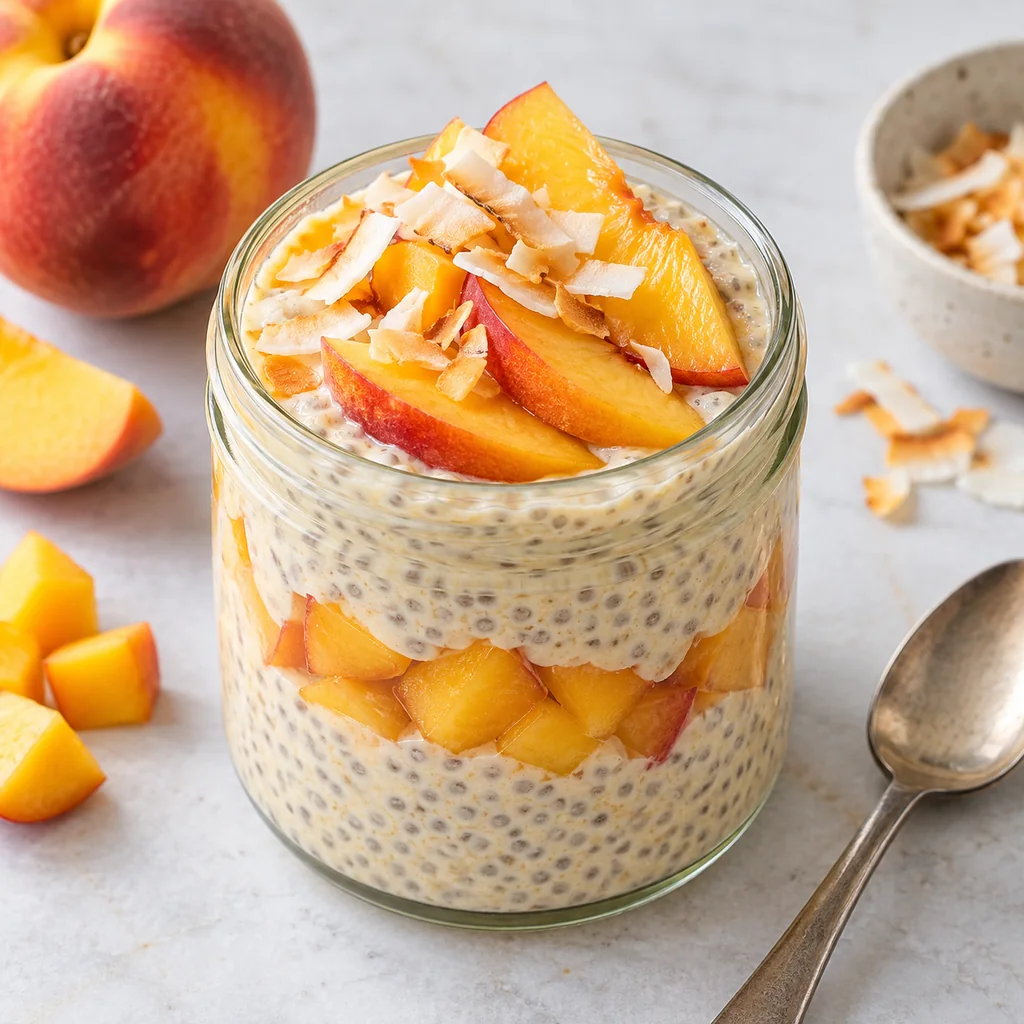 Finished peach coconut chia pudding layered with peaches and topped with toasted coconut