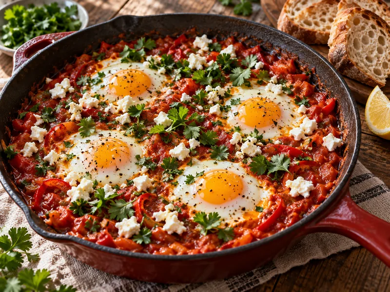 Finished four egg shakshuka with feta and fresh herbs in a skillet