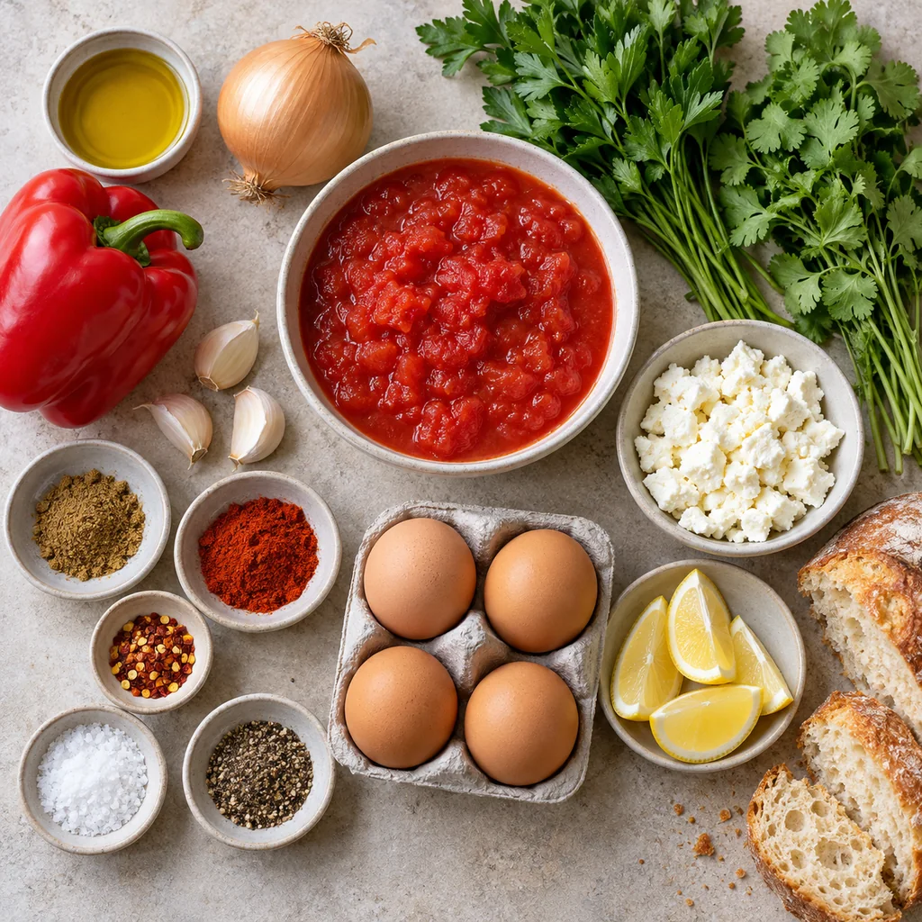 Olive oil, onion, red pepper, garlic, tomatoes, spices, four eggs, feta, herbs, lemon and bread arranged for shakshuka