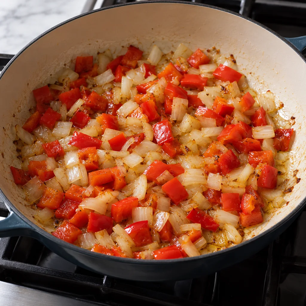 Chopped onion and red bell pepper softening in olive oil in a skillet