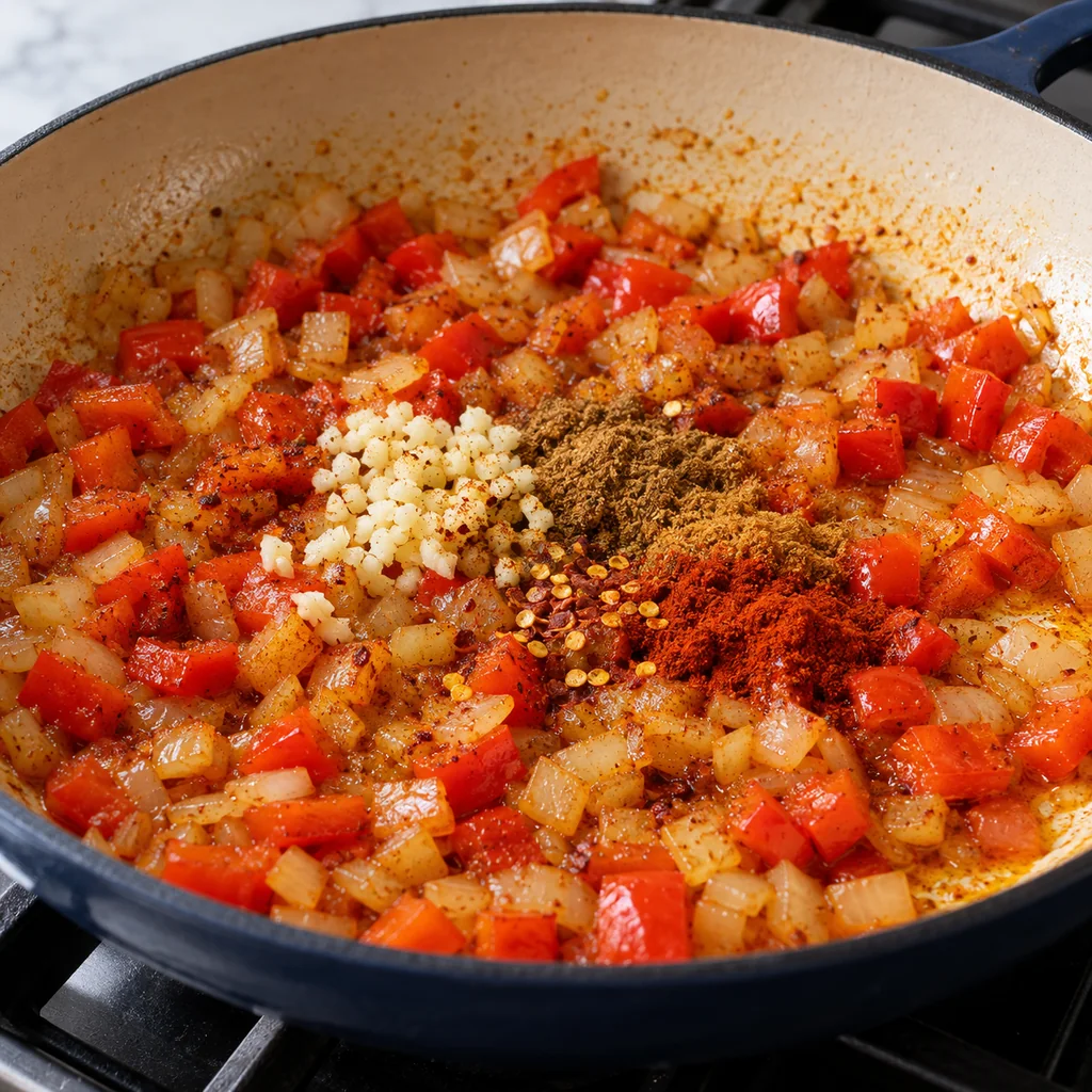 Garlic, cumin, paprika and red pepper flakes stirred into softened onion and red pepper