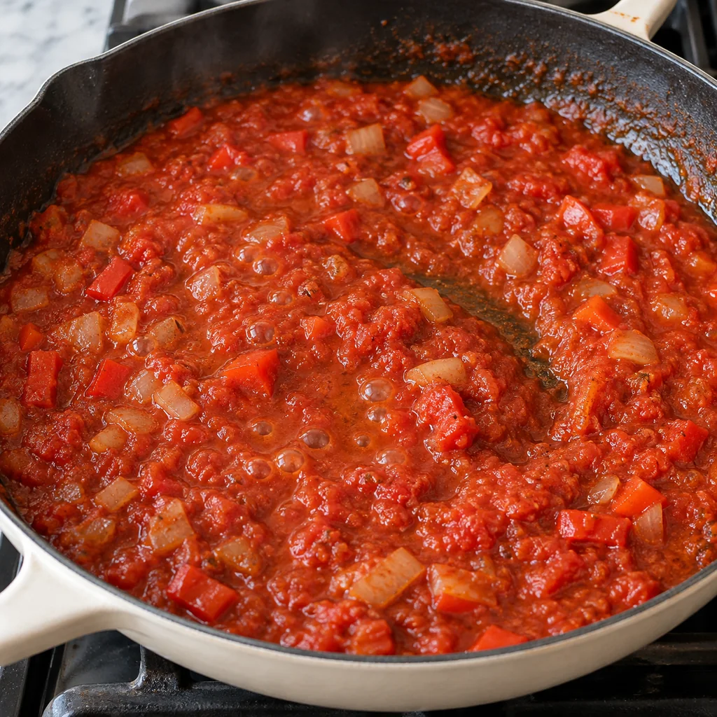 Thick red tomato sauce simmering with onion, pepper and spices in a skillet, before eggs are added