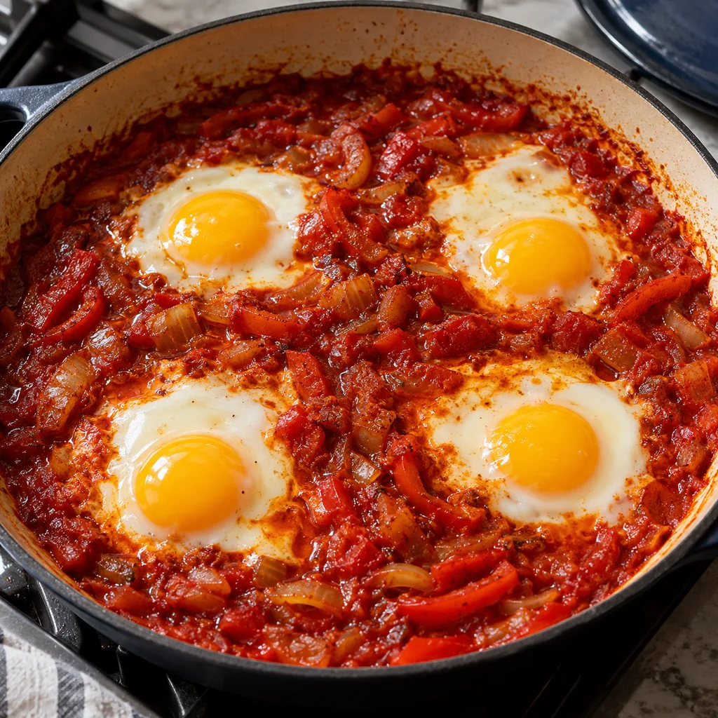 Four eggs poaching in separate wells of red shakshuka sauce without feta or herbs