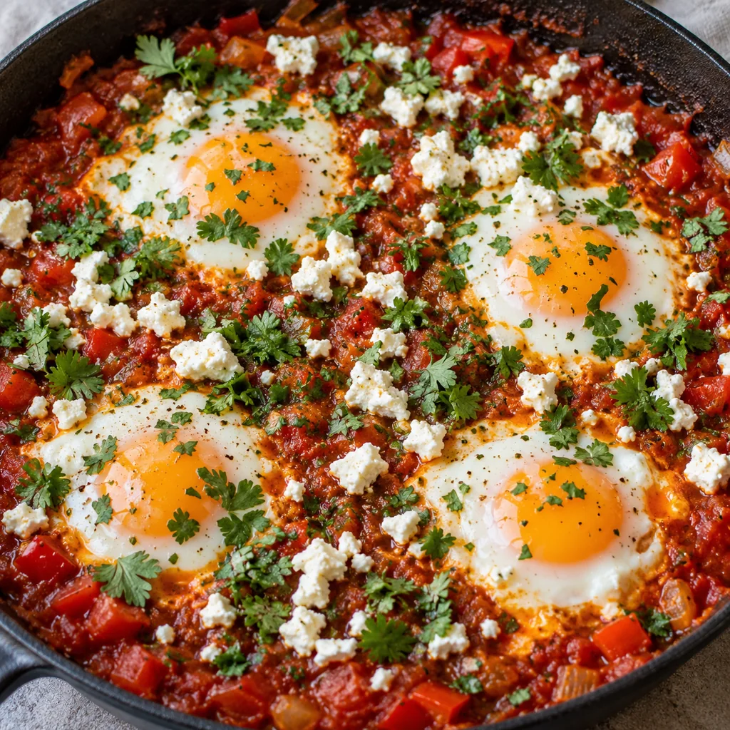 Four cooked eggs in tomato shakshuka topped with crumbled feta and chopped green herbs