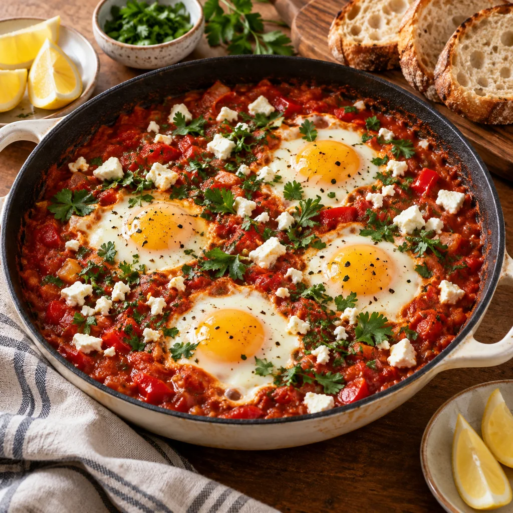 Finished four egg shakshuka with feta and herbs served with lemon wedges and crusty bread