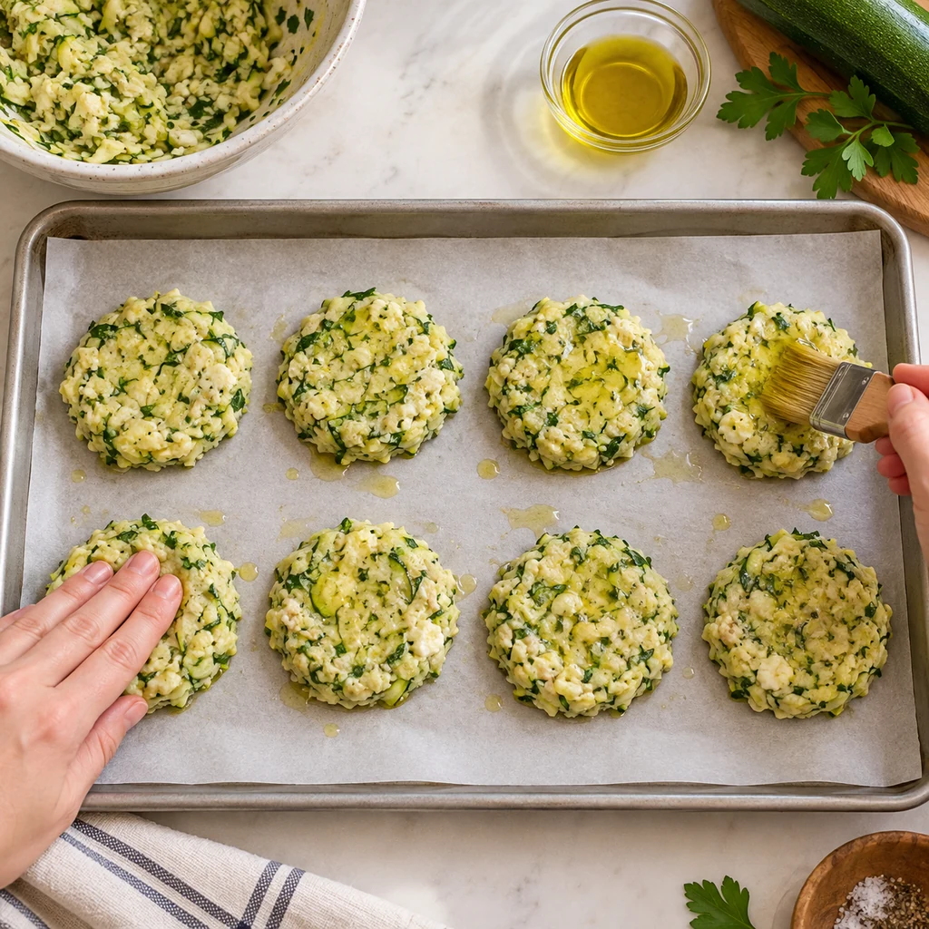 Round zucchini fritters shaped on parchment and brushed with olive oil before baking