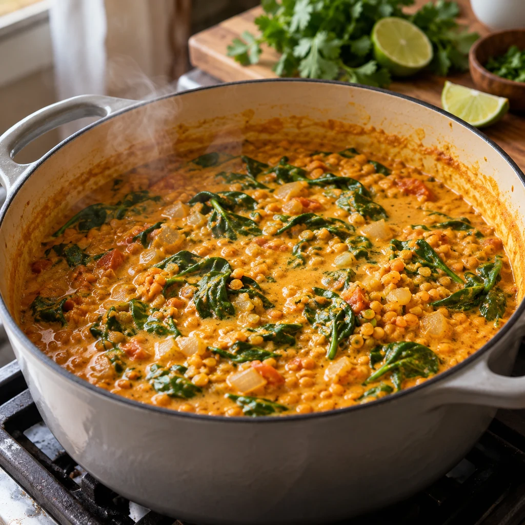 Creamy coconut red lentil curry simmering with freshly wilted baby spinach