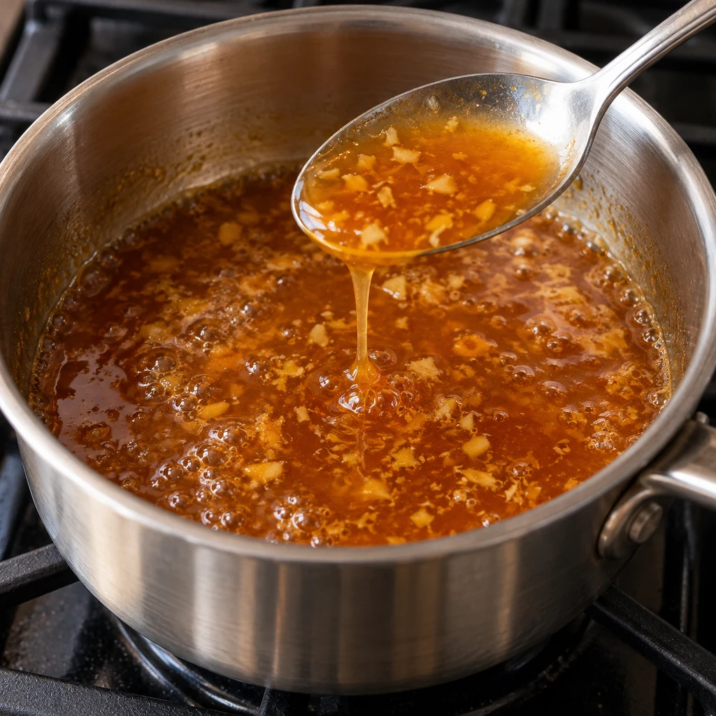 Orange juice, honey, soy sauce, ginger and minced garlic gently simmering in a small saucepan