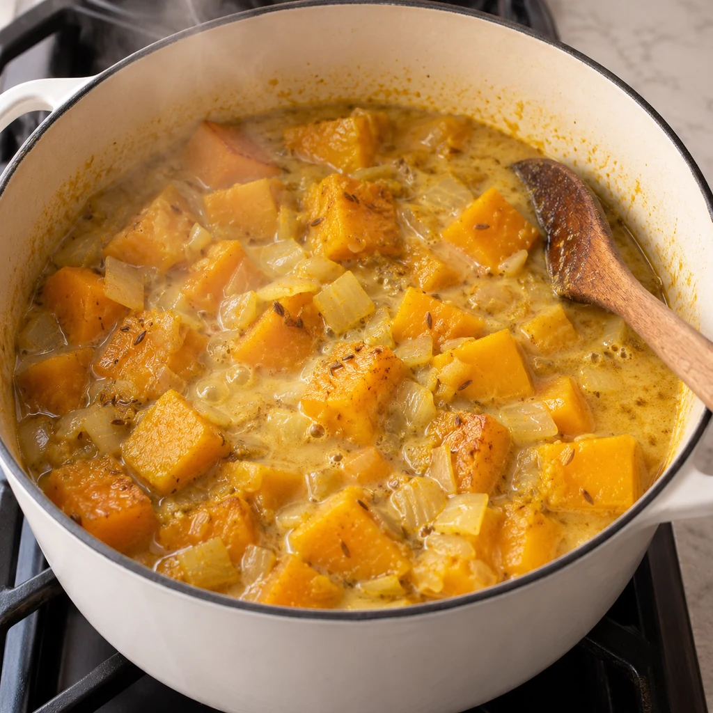 Chunky roasted squash simmering gently in coconut milk and vegetable broth in a white enamel pot