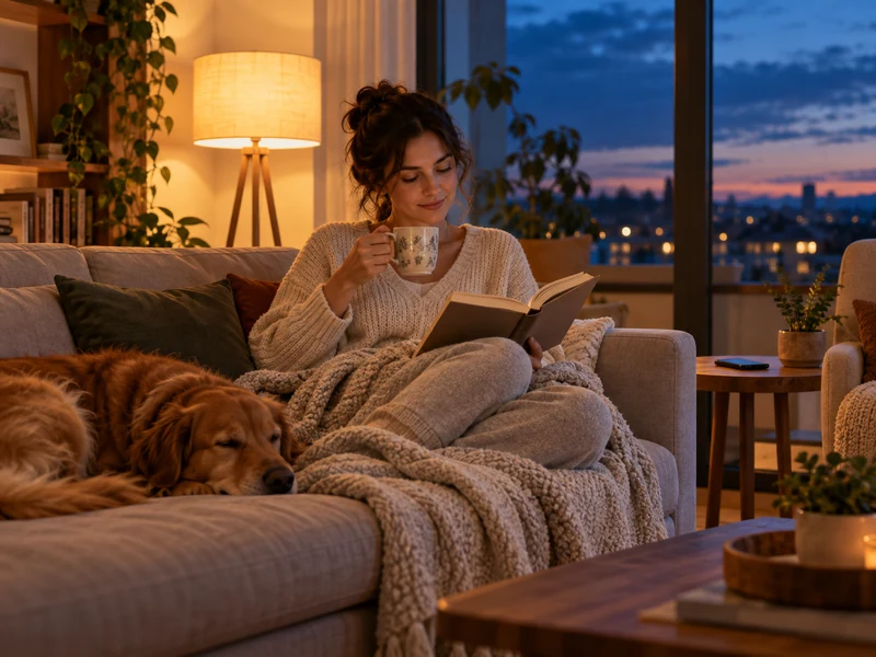 Woman relaxing with a book and tea on a sofa at blue hour