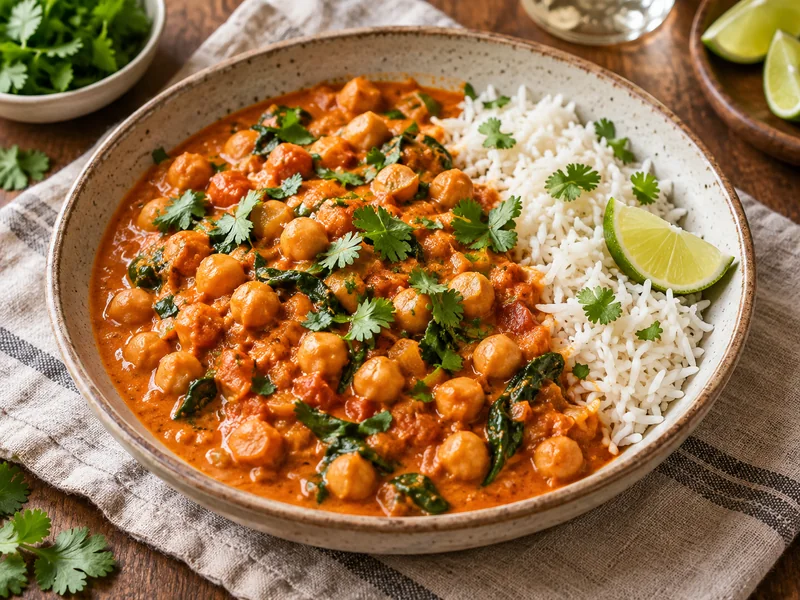 Vegan chickpea curry with basmati rice, cilantro and lime
