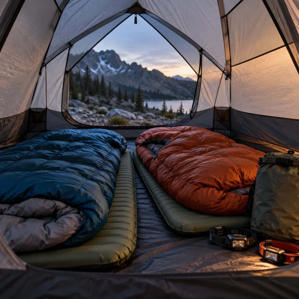 Two sleeping bags on insulated pads inside a tent