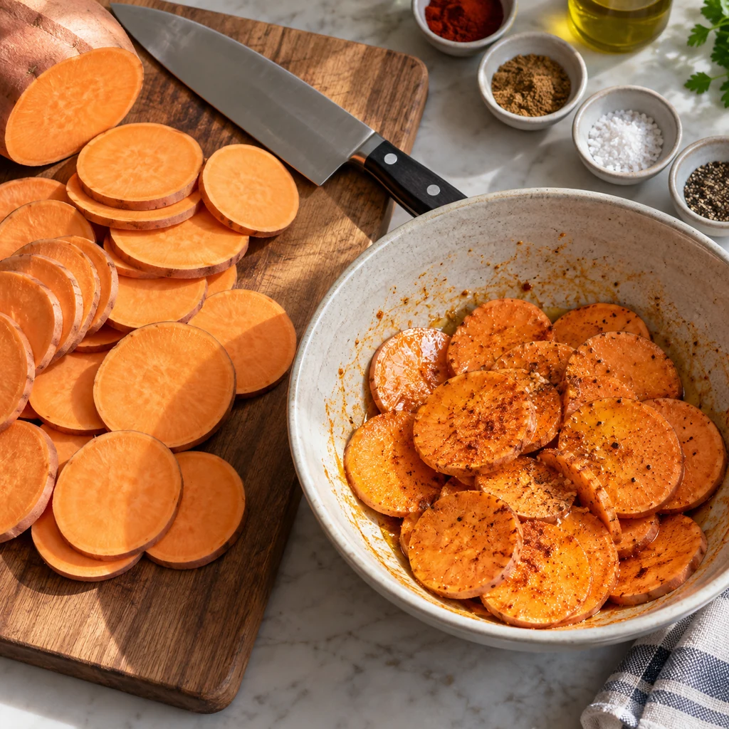 Even sweet potato rounds tossed with olive oil, smoked paprika, cumin, salt and pepper