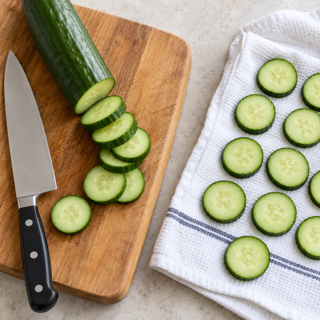English cucumber being sliced into thick rounds and dried on a clean towel