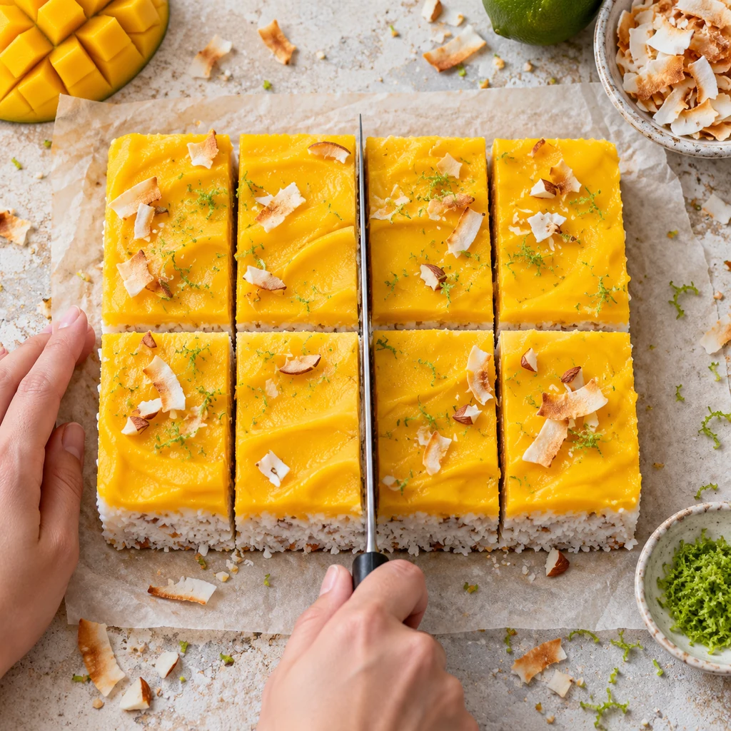 Frozen mango coconut slab being cut into eight rectangular bars