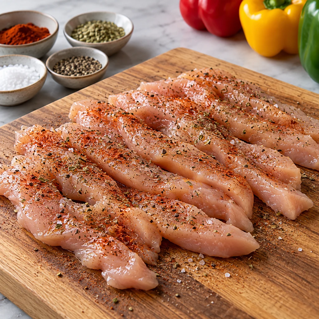 Raw chicken breast strips seasoned with paprika, oregano, salt and pepper