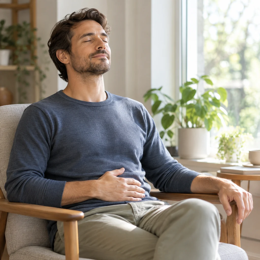 Man seated comfortably beside a window during a slow breathing pause