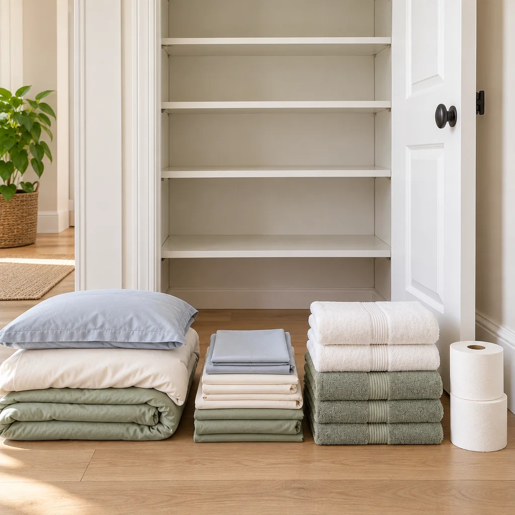 Empty white linen closet with bedding, sheet sets, towels, and paper backstock grouped separately on the floor