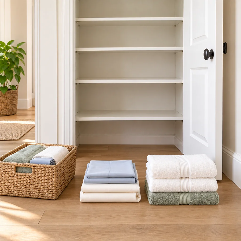 Selected sheet sets and bath towels beside a basket of extra linens in front of an empty closet